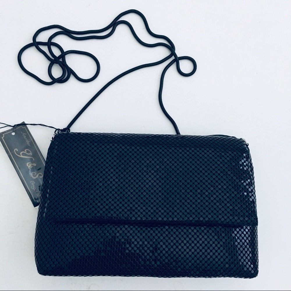 NWT  Vintage Y & S Original Black Mesh Metal Evening Bag with Long Snake Strap